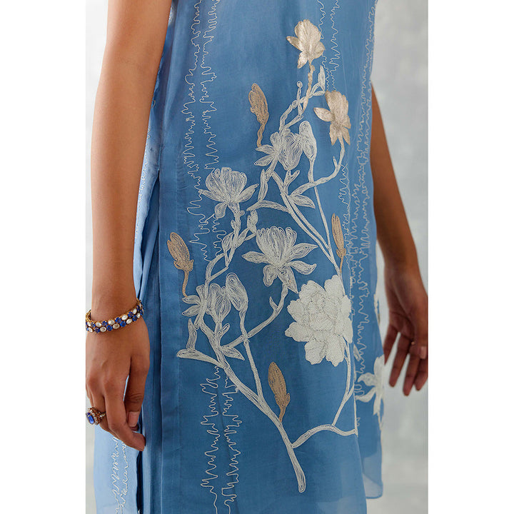 Devnaagri Ice Blue Embroidered Organza Short Palazzo (Set of 3)