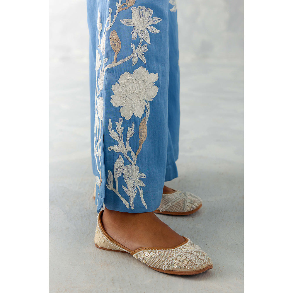 Devnaagri Ice Blue Embroidered Organza Short Palazzo (Set of 3)