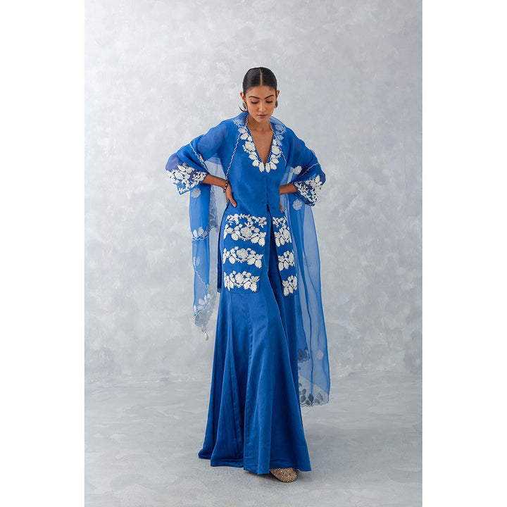 Devnaagri Blue Embroidered Front Slit Sharara (Set of 3)