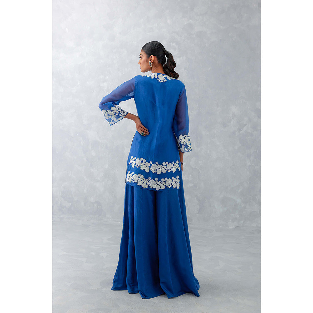 Devnaagri Blue Embroidered Front Slit Sharara (Set of 3)