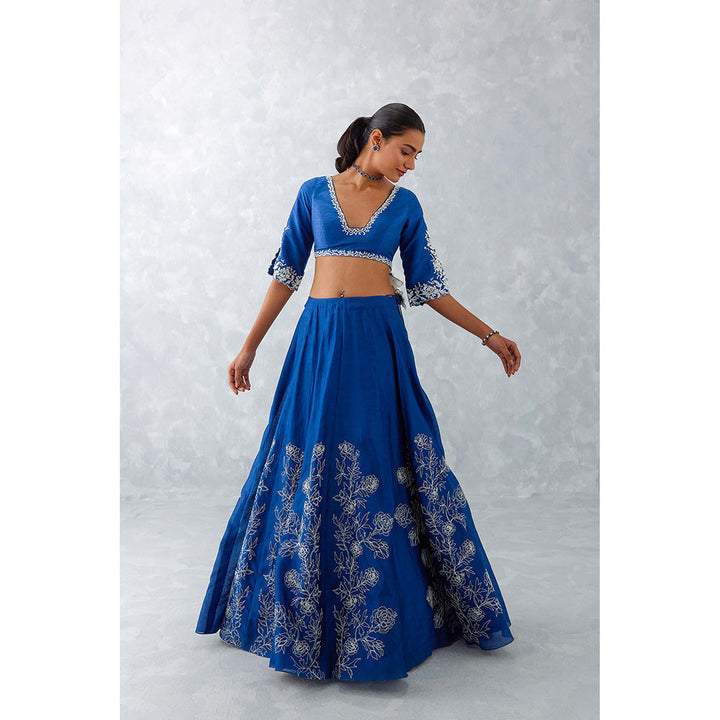 Devnaagri Blue Floral Embroidered Silk Lehenga (Set of 3)