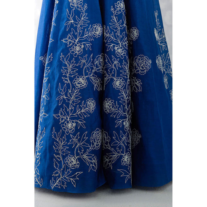 Devnaagri Blue Floral Embroidered Silk Lehenga (Set of 3)