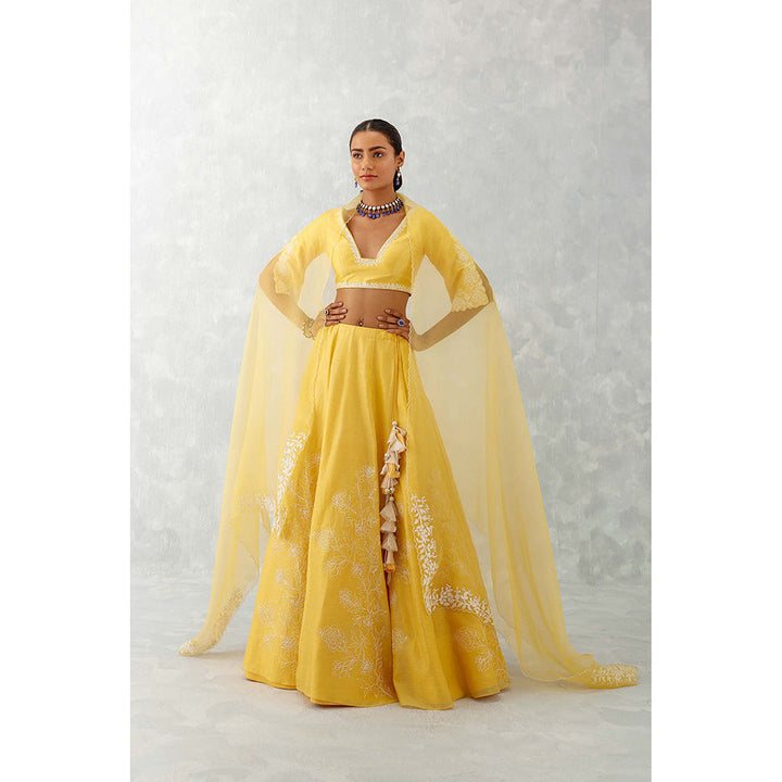 Devnaagri Mango Yellow Floral Embroidered Silk Lehenga (Set of 3)