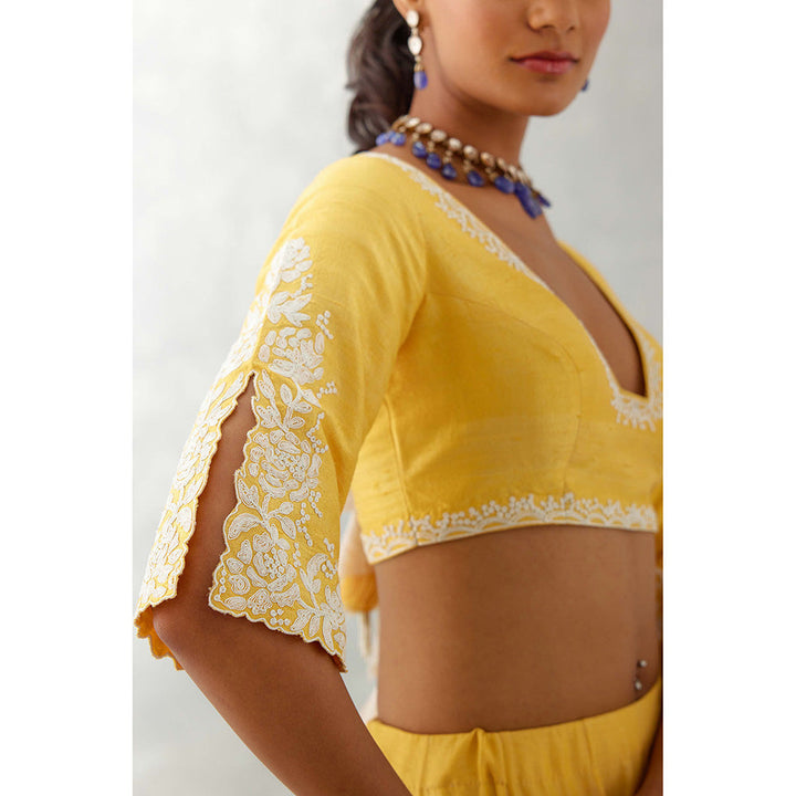 Devnaagri Mango Yellow Floral Embroidered Silk Lehenga (Set of 3)