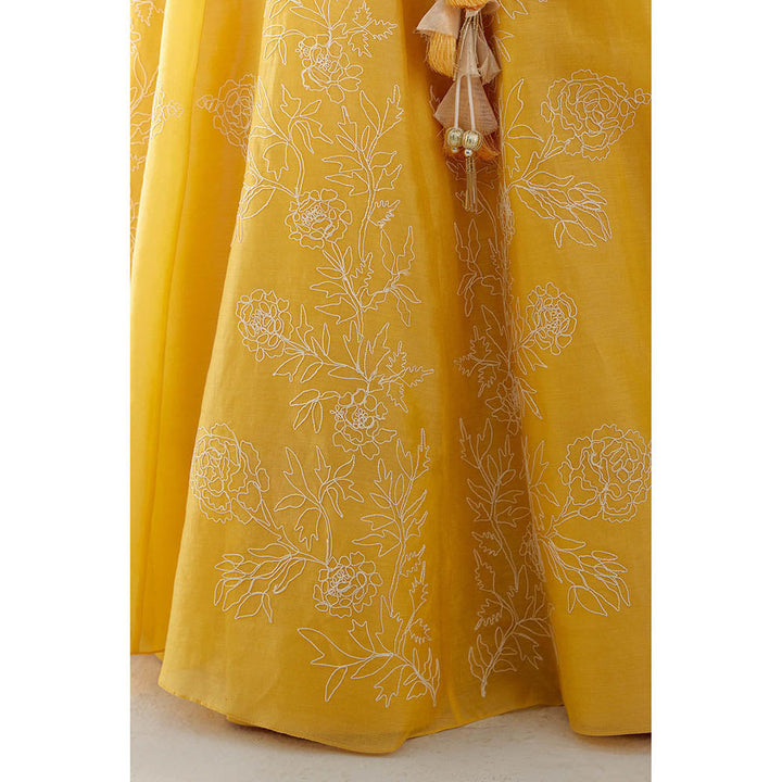 Devnaagri Mango Yellow Floral Embroidered Silk Lehenga (Set of 3)