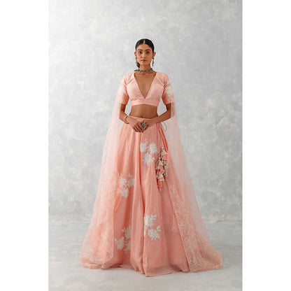 Devnaagri Pink Floral Embroidered Silk Lehenga (Set of 3)