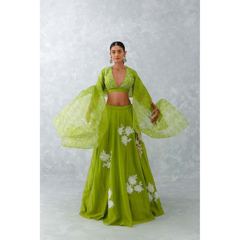 Devnaagri Green Floral Embroidered Silk Lehenga (Set of 3)