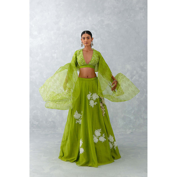 Devnaagri Green Floral Embroidered Silk Lehenga (Set of 3)