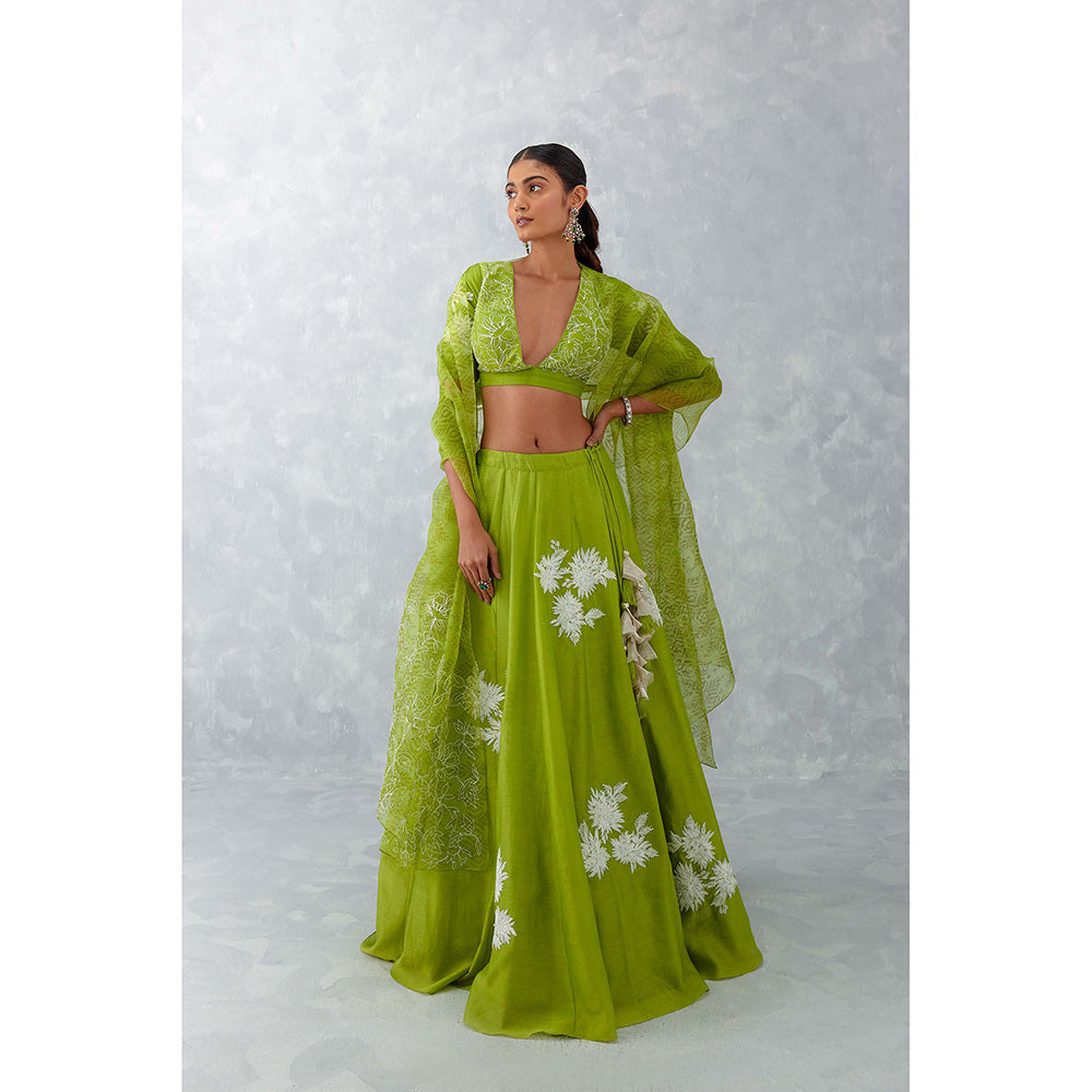 Devnaagri Green Floral Embroidered Silk Lehenga (Set of 3)