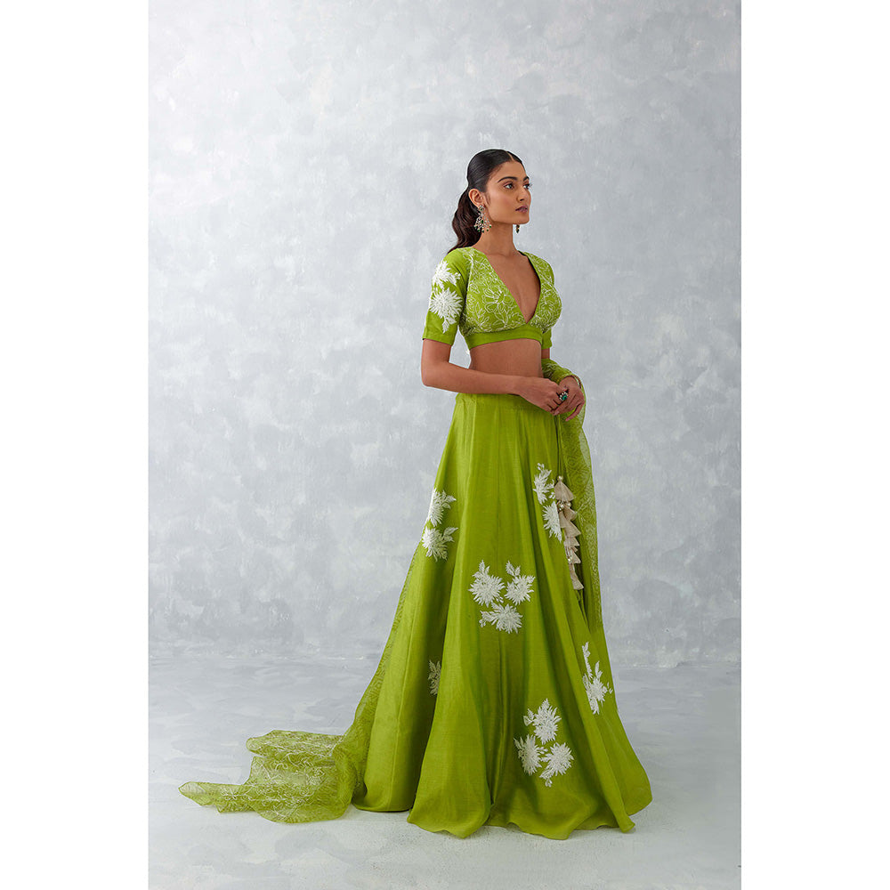 Devnaagri Green Floral Embroidered Silk Lehenga (Set of 3)