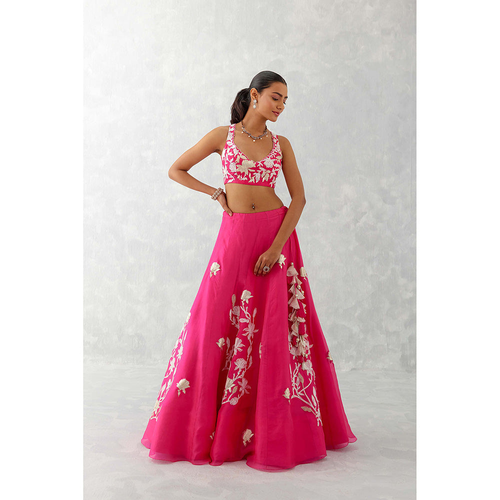 Devnaagri Fuchsia Pink Embroidered Silk Organza Lehenga (Set of 3)