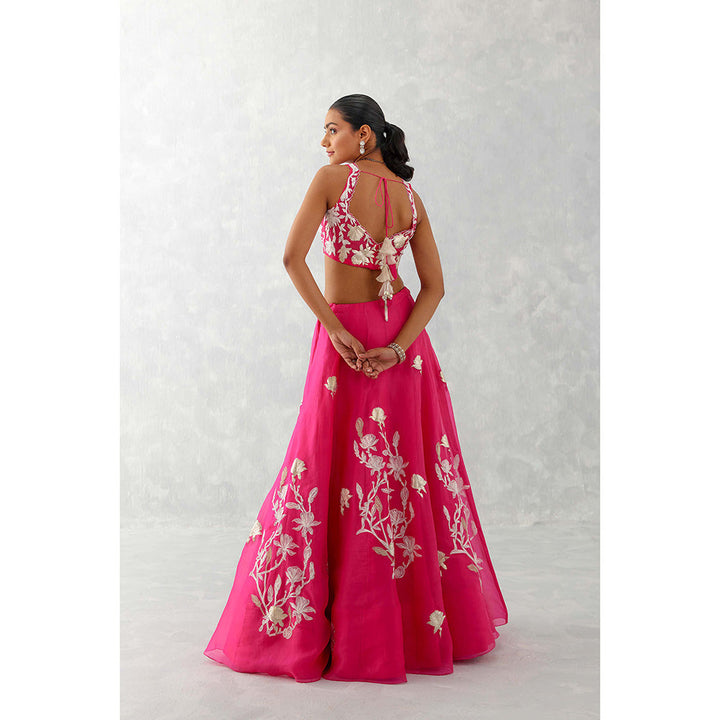 Devnaagri Fuchsia Pink Embroidered Silk Organza Lehenga (Set of 3)