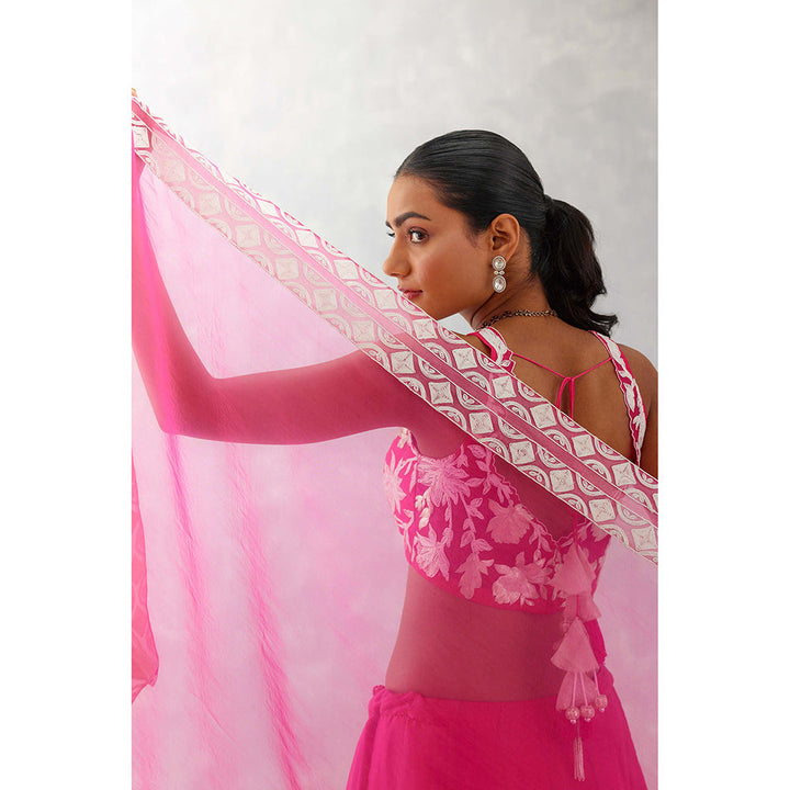 Devnaagri Fuchsia Pink Embroidered Silk Organza Lehenga (Set of 3)