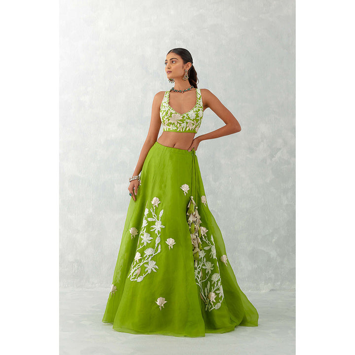 Devnaagri Green Embroidered Silk Organza Lehenga (Set of 3)