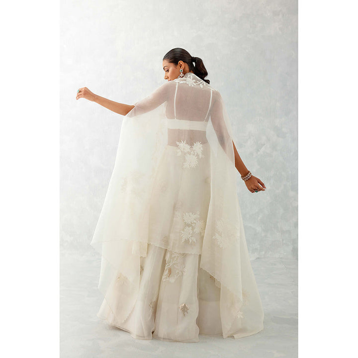 Devnaagri Ivory Silk Organza Cape Lehenga (Set of 3)