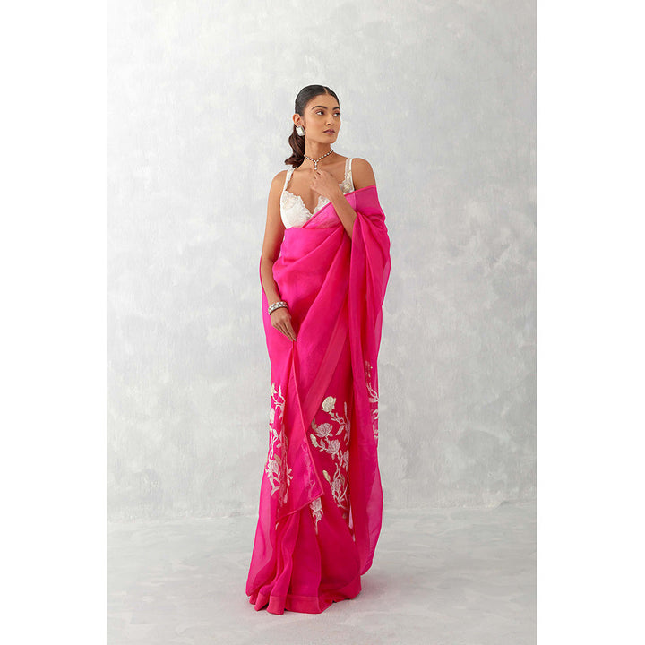 Devnaagri Fuchsia Pink Embroidered Silk Organza Saree with Stitched Blouse