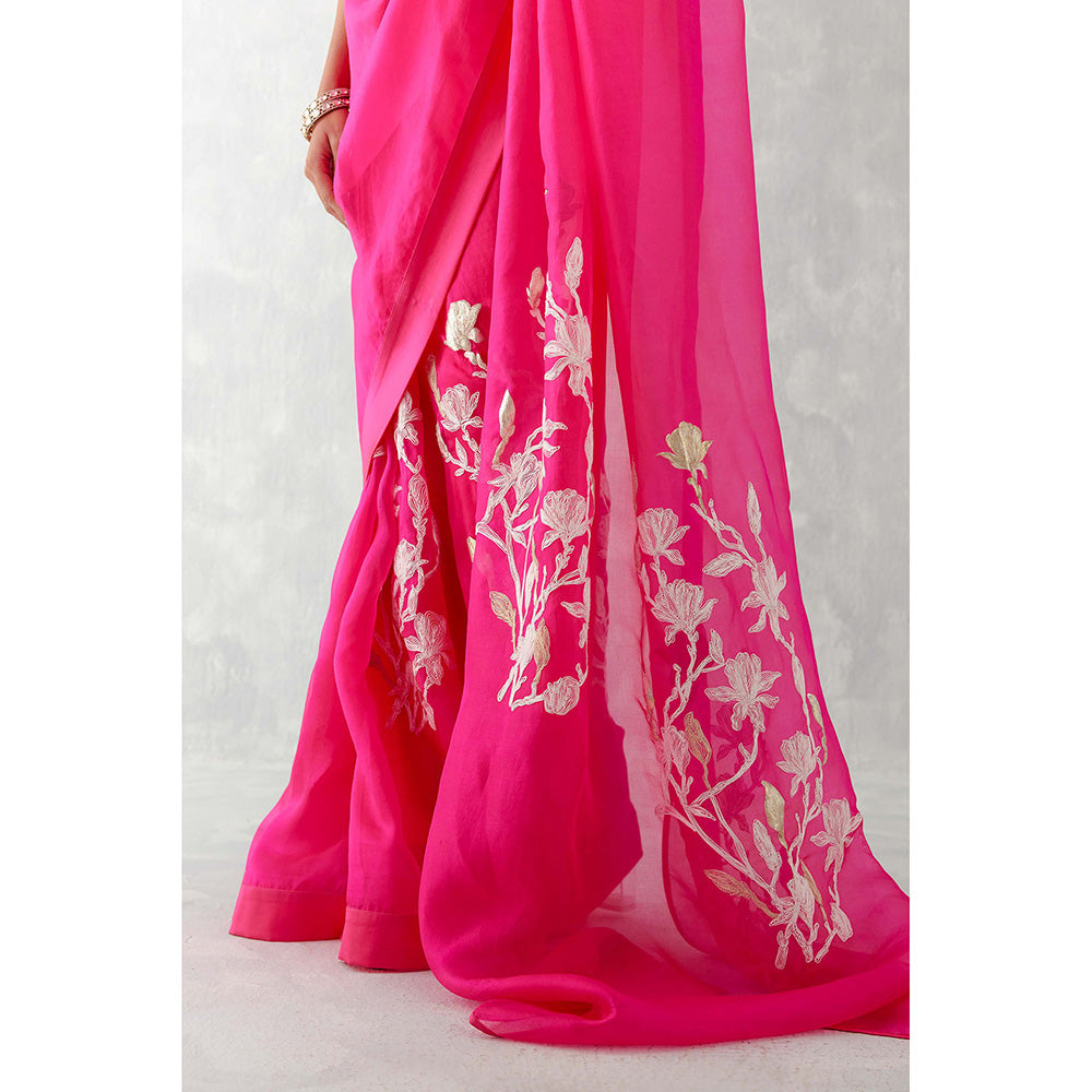 Devnaagri Fuchsia Pink Embroidered Silk Organza Saree with Stitched Blouse