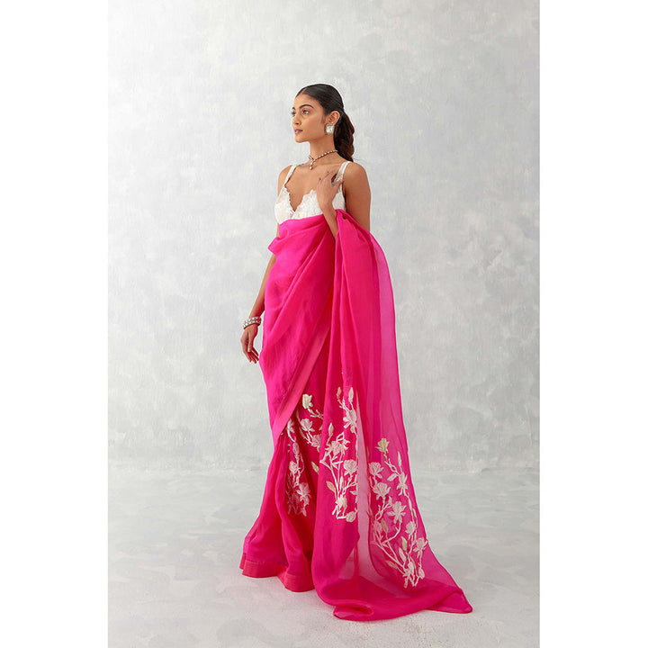 Devnaagri Fuchsia Pink Embroidered Silk Organza Saree with Stitched Blouse