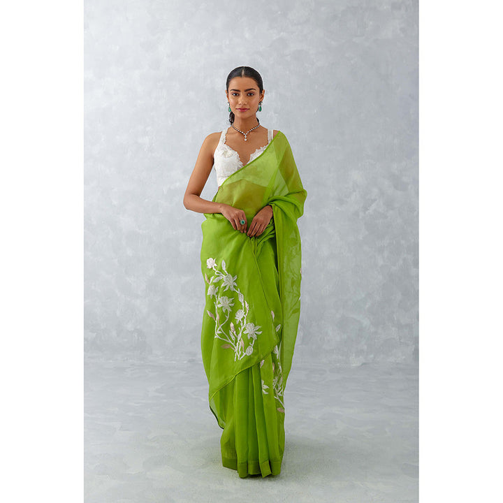 Devnaagri Green Embroidered Silk Organza Saree with Stitched Blouse