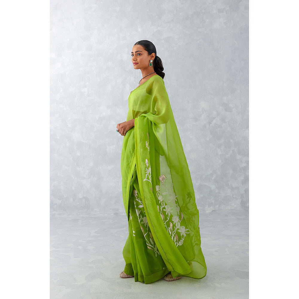 Devnaagri Green Embroidered Silk Organza Saree with Stitched Blouse