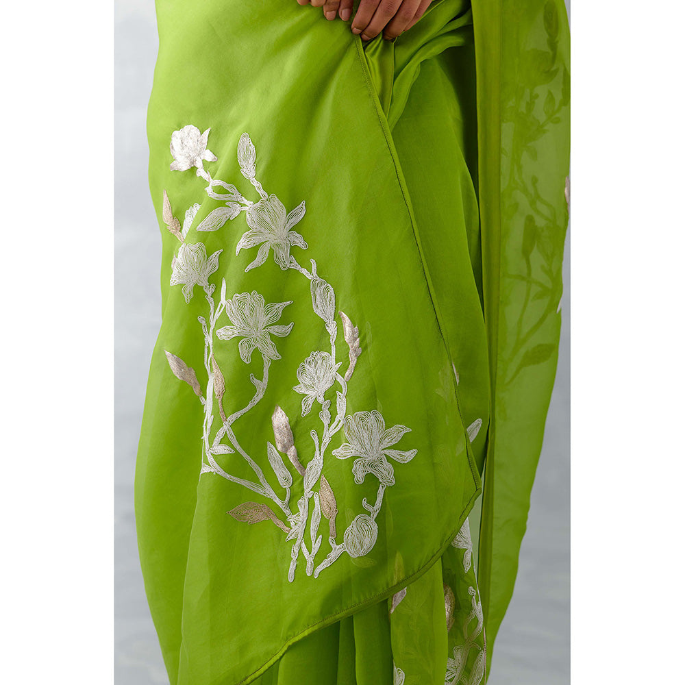 Devnaagri Green Embroidered Silk Organza Saree with Stitched Blouse