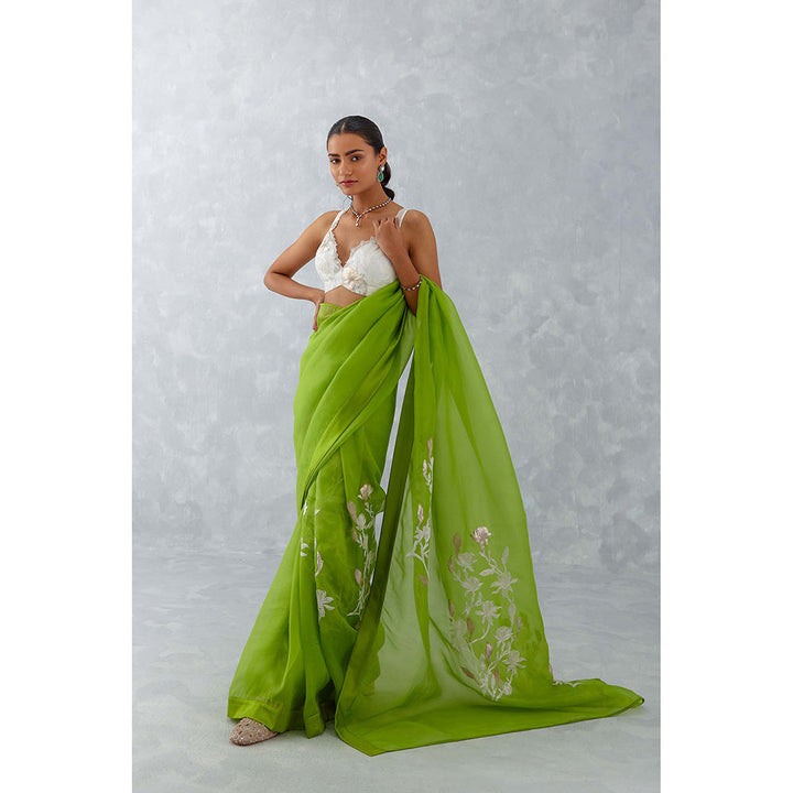 Devnaagri Green Embroidered Silk Organza Saree with Stitched Blouse