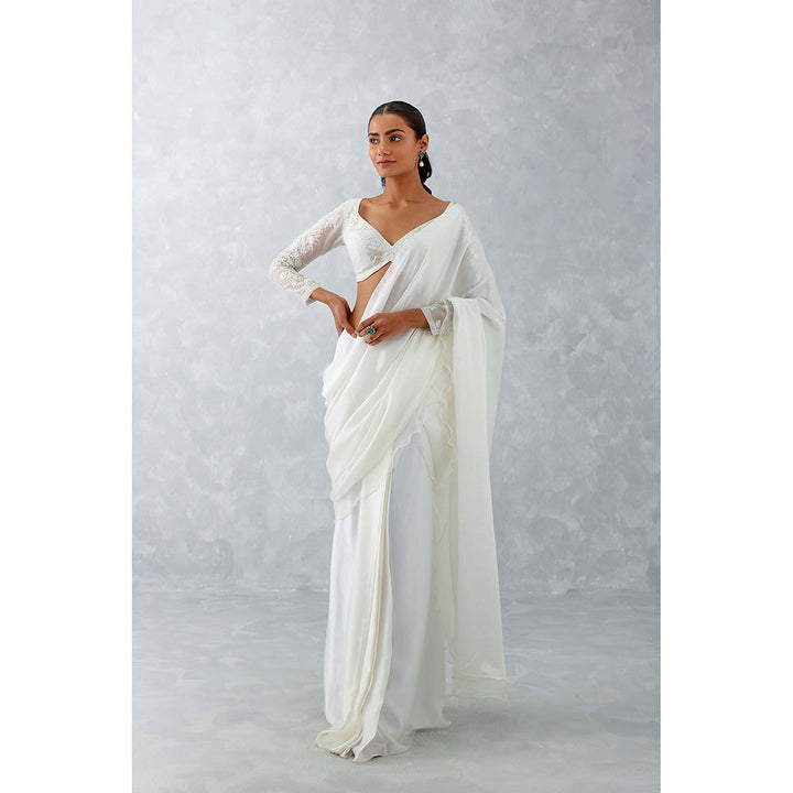 Devnaagri Ivory Satin Saree with Stitched Blouse