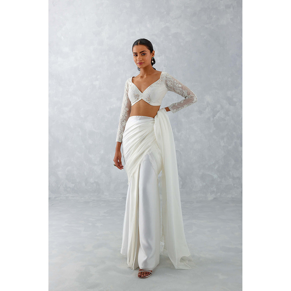 Devnaagri Ivory Satin Saree with Stitched Blouse