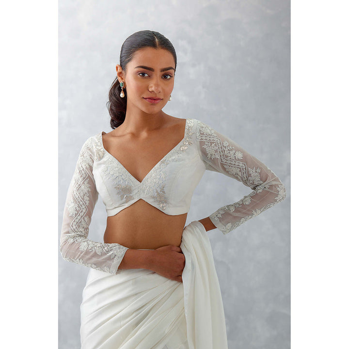 Devnaagri Ivory Satin Saree with Stitched Blouse