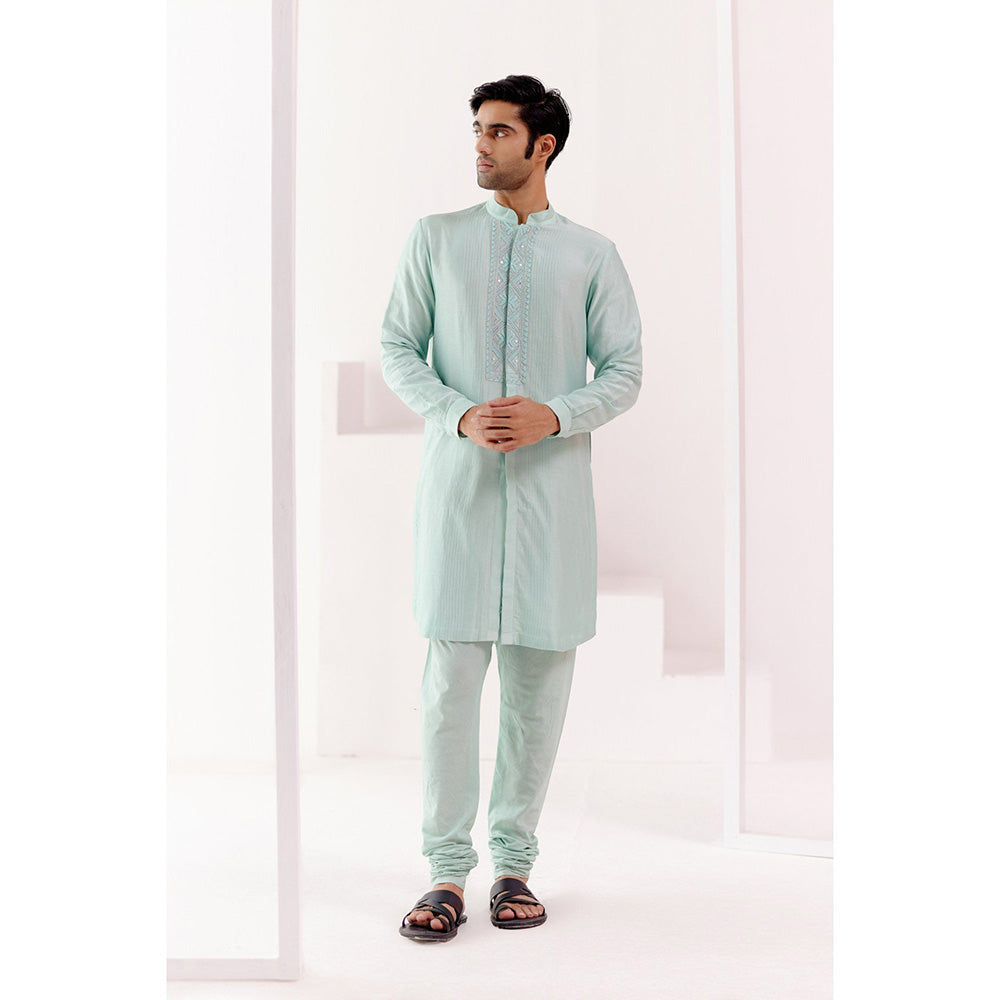 Devnaagri Aqua Front Open Self Embroidered Chanderi Kurta (Set of 2)