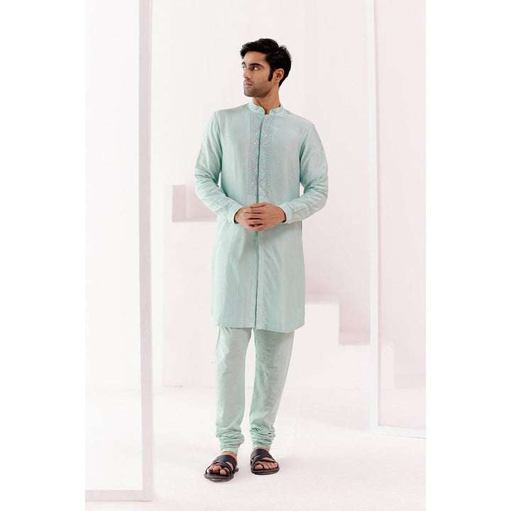 Devnaagri Aqua Front Open Self Embroidered Chanderi Kurta (Set of 2)