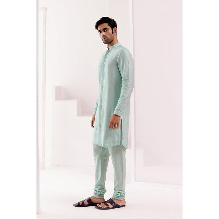 Devnaagri Aqua Front Open Self Embroidered Chanderi Kurta (Set of 2)