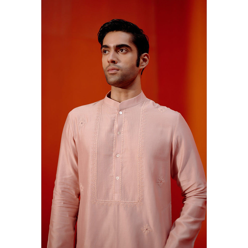 Devnaagri Blush Pink Self Embroidered Chanderi Kurta (Set of 2)