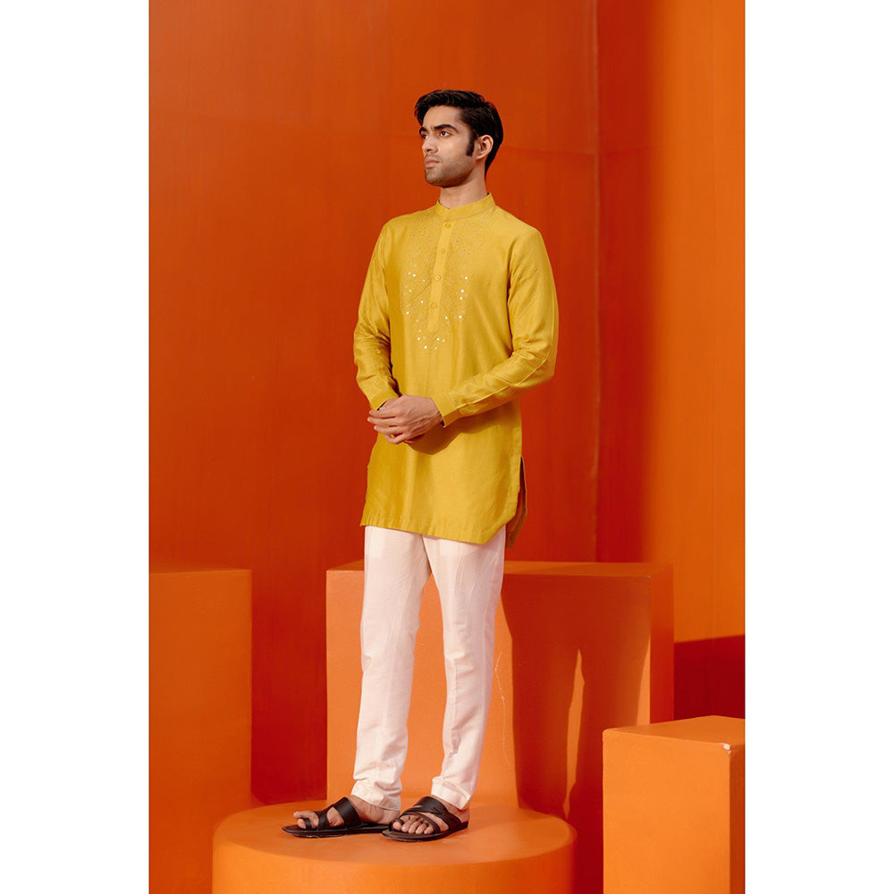 Devnaagri Mustard Embroidered Chanderi Kurta (Set of 2)