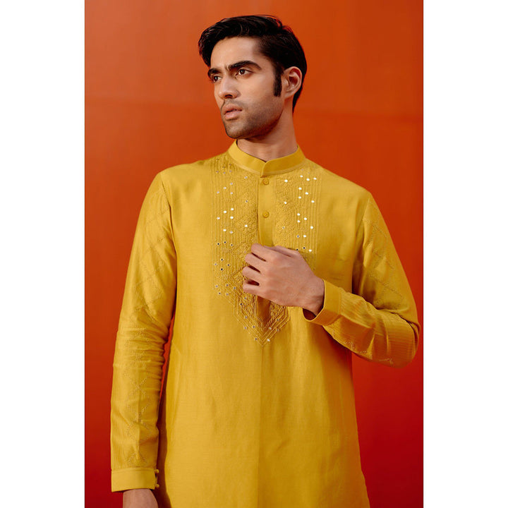 Devnaagri Mustard Embroidered Chanderi Kurta (Set of 2)