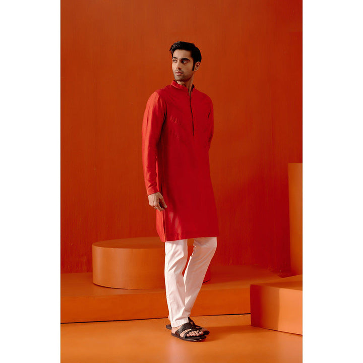 Devnaagri Red Self Embroidered Chanderi Kurta (Set of 2)