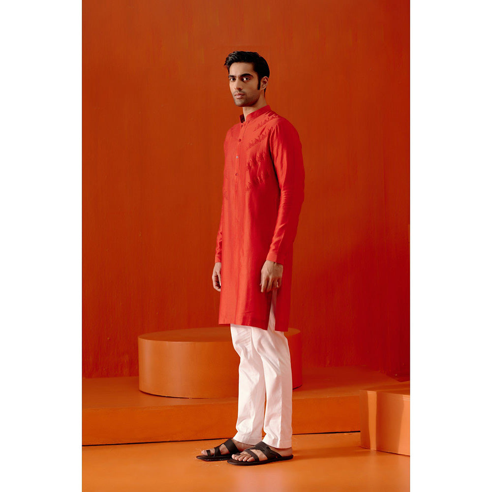 Devnaagri Red Self Embroidered Chanderi Kurta (Set of 2)