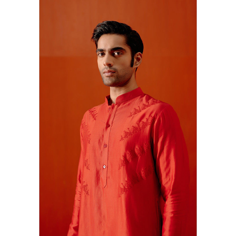 Devnaagri Red Self Embroidered Chanderi Kurta (Set of 2)