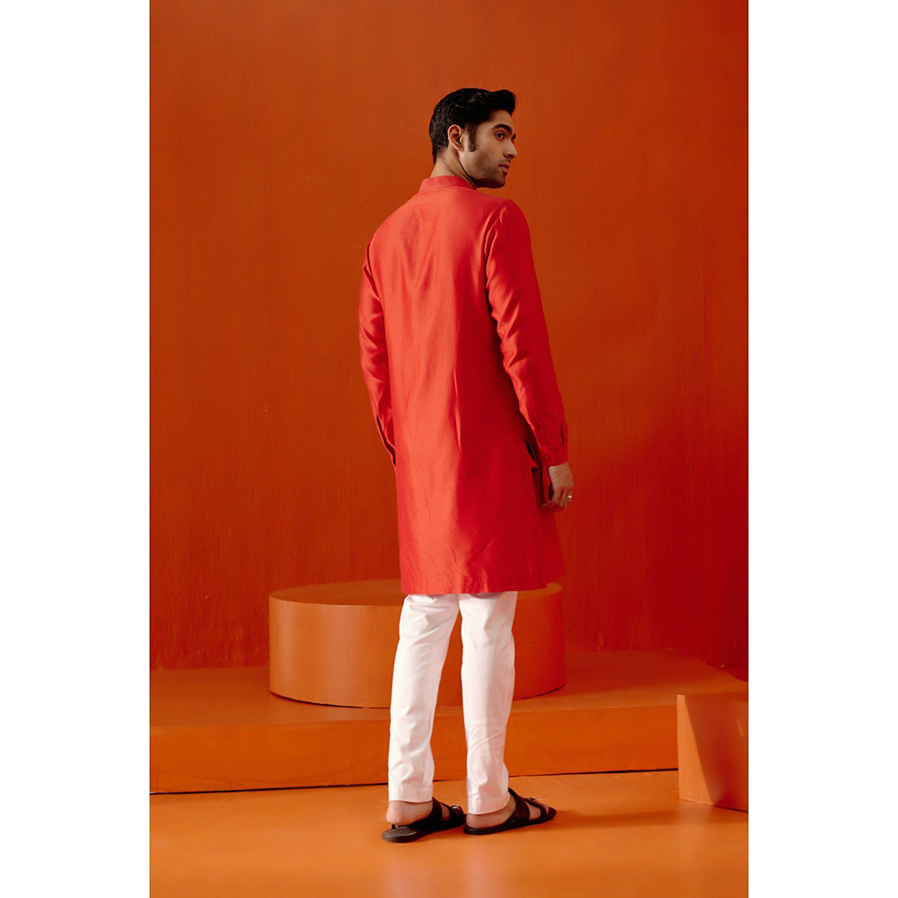 Devnaagri Red Self Embroidered Chanderi Kurta (Set of 2)