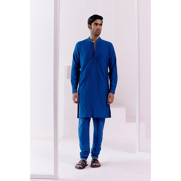 Devnaagri Royal Blue Pin Tucks Detailed Kurta (Set of 2)