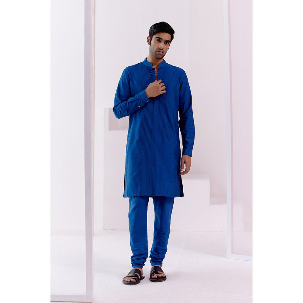 Devnaagri Royal Blue Pin Tucks Detailed Kurta (Set of 2)