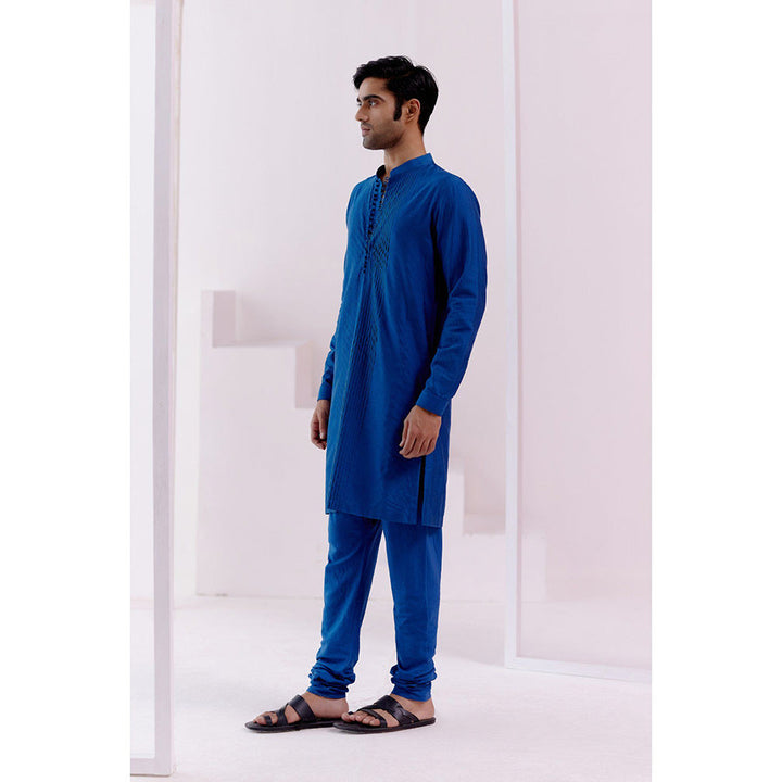 Devnaagri Royal Blue Pin Tucks Detailed Kurta (Set of 2)