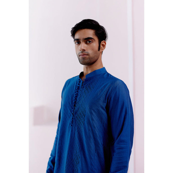 Devnaagri Royal Blue Pin Tucks Detailed Kurta (Set of 2)