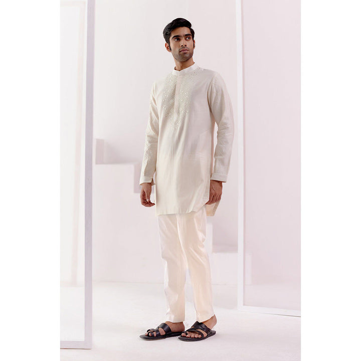 Devnaagri Ivory Cotton Silk Blend Pin Tucks Kurta (Set of 2)