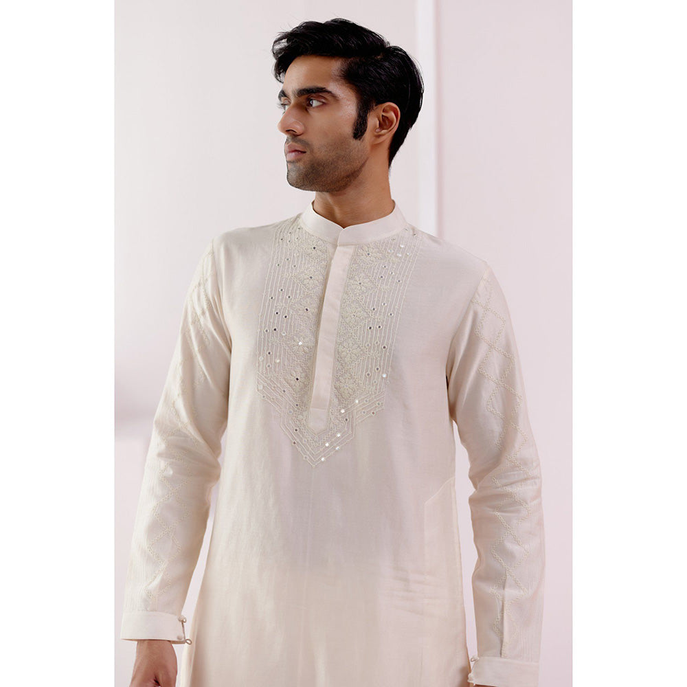 Devnaagri Ivory Cotton Silk Blend Pin Tucks Kurta (Set of 2)