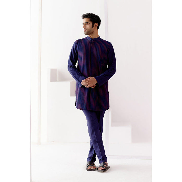 Devnaagri Navy Blue Cotton Silk Blend Pin Tucks Kurta (Set of 2)