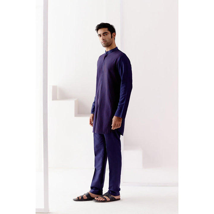 Devnaagri Navy Blue Cotton Silk Blend Pin Tucks Kurta (Set of 2)