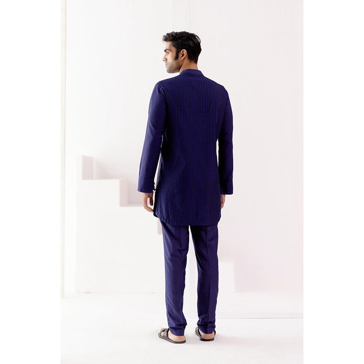 Devnaagri Navy Blue Cotton Silk Blend Pin Tucks Kurta (Set of 2)