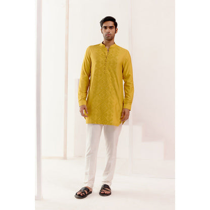 Devnaagri Mustard Cotton Silk Blend Fully Embroidered Kurta (Set of 2)