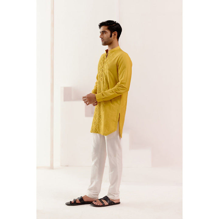 Devnaagri Mustard Cotton Silk Blend Fully Embroidered Kurta (Set of 2)